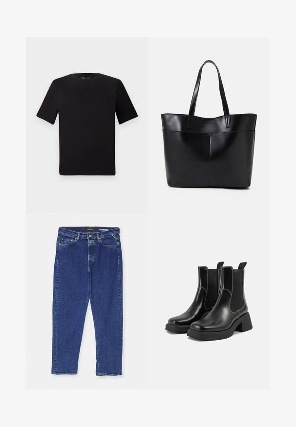 Črna majica s kratkimi rokavi in okroglim izrezom, izdelana iz mehkega bombažnega materiala. Preprost dizajn, brez vidnih logotipov ali vzorcev.; Temno modre denim hlače s ravnim krojem, ki imajo gumbasto zaponko, pet žepov in subtilne šive vzdolž šivov.; Črne usnjene Chelsea škornje s širokim petami, elastičnimi stranskimi ploščami in kontrastnim belim šivanjem. Teksturirana površina.; Črna usnjena torba z dvema dolgima ročajema, gladko teksturo in strukturirano obliko. Ima sprednji žep za dodatno shranjevanje.