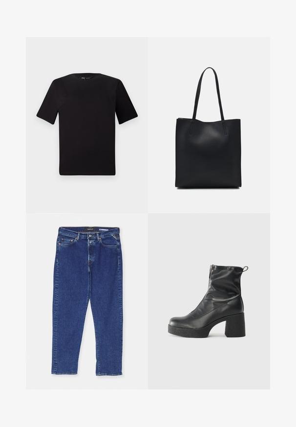 Tricou scurt negru cu mânecă scurtă și guler rotund, realizat dintr-un material de bumbac moale. Design simplu, fără logo-uri sau modele vizibile.; Jeans din denim albastru închis cu o croială dreaptă, având o închidere cu butoane, cinci buzunare și detalii discrete de cusătură pe margini.; Bocanci negri de glezna din piele netedă, cu fermoar lateral, toc texturat și masiv, și design cu vârf rotund.; Geantă tote neagră din piele, cu textură netedă, formă rectangulară și două mânere lungi. Fără hardware vizibil sau ornamente.