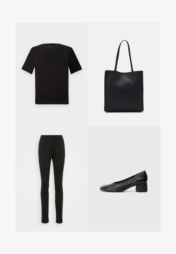 Black short-sleeve t-shirt with a round neckline, crafted from soft cotton fabric. Simple design, no visible logos or patterns.; Black tailored trousers with a slim fit. Features a smooth texture, front crease detailing, and a single button closure at the waist.; Black leather pump with a rounded toe and mid-block heel. Smooth texture with minimal detailing, featuring a subtle elastic opening.; Black leather tote bag with smooth texture, rectangular shape, and two long handles. No visible hardware or embellishments.