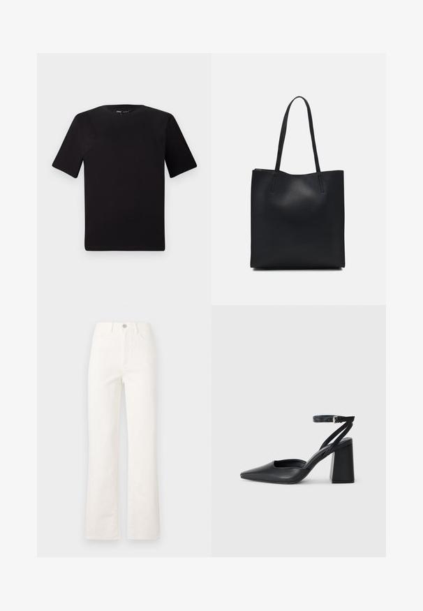 T-shirt preta de mangas curtas com decote redondo, feita de tecido de algodão suave. Design simples, sem logótipos ou padrões visíveis.; Calças flare brancas em denim com padrões texturizados subtis, design tradicional de cinco bolsos e fecho em botão de metal.; Sandal com biqueira afilada em couro preto, com cinta no tornozelo e salto grosso. Textura lisa, design elegante e estética minimalista.; Bolsa tote preta em couro com textura lisa, forma retangular e duas alças longas. Sem hardware ou enfeites visíveis.
