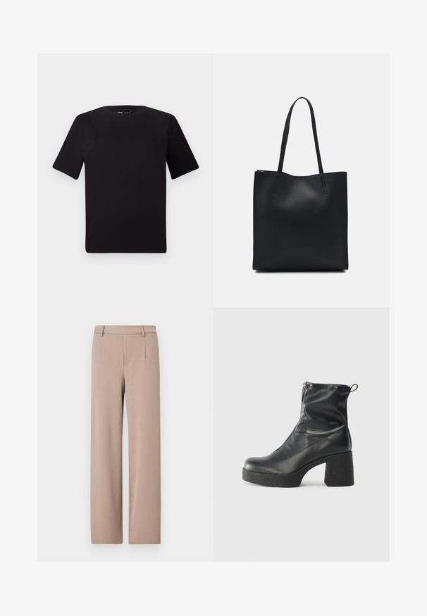 Black short-sleeve t-shirt with a round neckline, crafted from soft cotton fabric. Simple design, no visible logos or patterns.; Light beige trousers featuring a straight cut, tailored design, and front pockets with a smooth texture and waistband.; Black ankle boots made of smooth leather, featuring a side zipper, chunky textured heel, and rounded toe design.; Black leather tote bag with smooth texture, rectangular shape, and two long handles. No visible hardware or embellishments.
