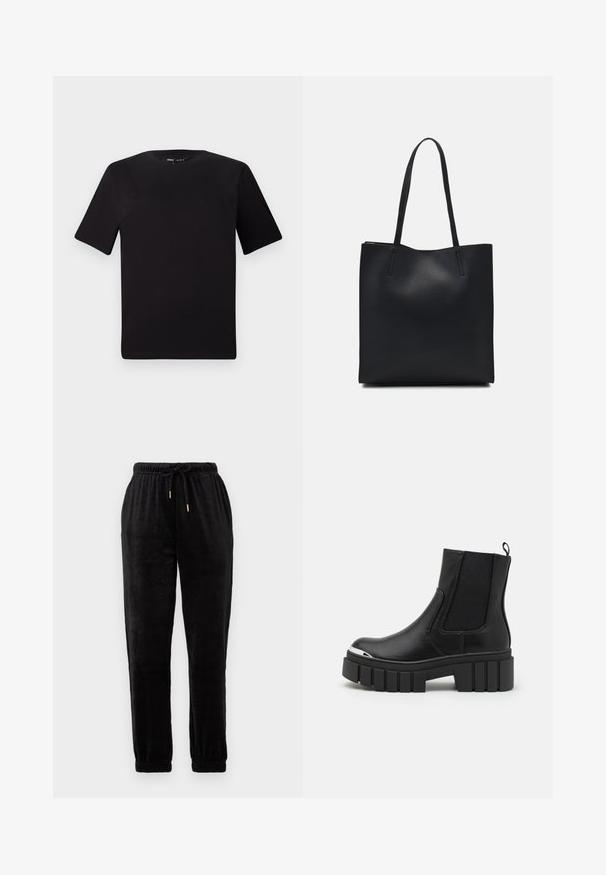 Črna majica s kratkimi rokavi in okroglim izrezom, izdelana iz mehkega bombažnega materiala. Preprost dizajn, brez vidnih logotipov ali vzorcev.; Črne jogging hlače iz mehke tkanine; elastičen pas z nastavljivo vezalko, manšete na gležnjih, z zlatimi dodatki.; Črne gležnarje iz gladkega usnja z elastičnimi vložki, debelim platformnim podplatom in kovinskim kapicom.; Črna usnjena torba s svilnato teksturo, pravokotne oblike in dvema dolgima ročajema. Brez vidnih metalnih delov ali okrasnih elementov.