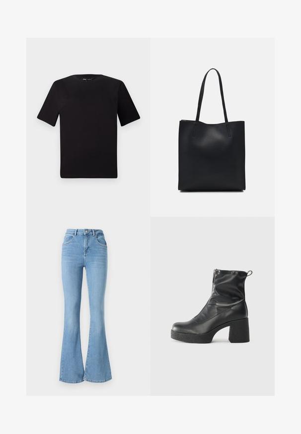 Black short-sleeve t-shirt with a round neckline, crafted from soft cotton fabric. Simple design, no visible logos or patterns.; Light blue flared jeans made of denim, featuring a high waist, two front pockets, and stitched detailing along the seams.; Black ankle boots made of smooth leather, featuring a side zipper, chunky textured heel, and rounded toe design.; Black leather tote bag with smooth texture, rectangular shape, and two long handles. No visible hardware or embellishments.