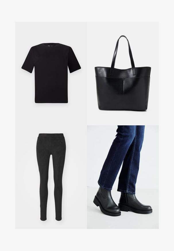 T-shirt preta de mangas curtas com decote redondo, feita de tecido de algodão suave. Design simples, sem logótipos ou padrões visíveis.; Leggings pretas feitos de um tecido macio e elástico. Apresentam uma cintura alta e uma textura lisa e mate, sem costuras ou padrões visíveis.; Botas de tornozelo de couro preto com sola grossa e painéis elásticos laterais, combinadas com jeans azul escuro. O chão é de cor clara.; Bolsa tote preta em couro com duas alças longas, textura suave e forma estruturada. Apresenta um bolso frontal para armazenamento adicional.