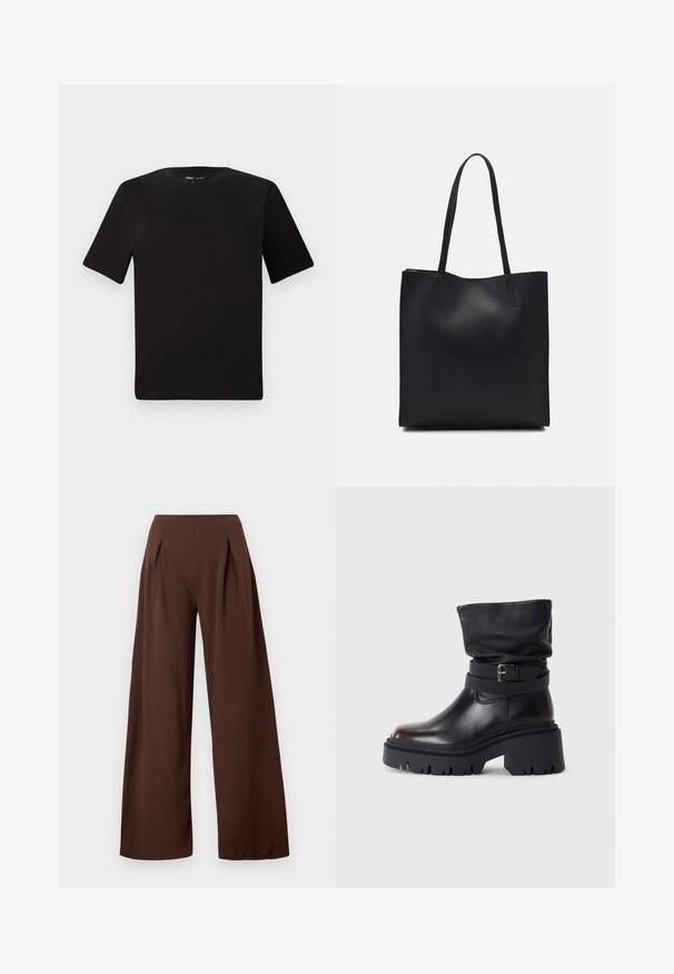 T-shirt noir à manches courtes avec un col rond, fabriqué en coton doux. Design simple, sans logos ni motifs visibles.; Pantalons à larges jambes en tissu marron foncé, avec une taille haute, des plis avant et une texture lisse. Convient pour diverses occasions.; Bottine en cuir noir avec une tige décontractée, détail de boucle et semelle épaisse et robuste. Elle présente un bout rond et une texture lisse.; Sac fourre-tout en cuir noir avec une texture lisse, de forme rectangulaire et deux longues poignées. Pas de matériel ou d'ornementations visibles.