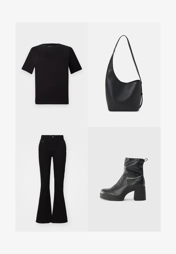 Svart t-skjorte med korte ermer og rund hals, laget av mykt bomullsstoff. Enkelt design, ingen synlige logoer eller mønstre.; Svarte vide jeans med høy midje, med frontlommer og glidelåsdetaljer. Laget av denim med en glatt tekstur.; Svarte ankelstøvler laget av glatt lær, med glidelås på siden, chunky strukturert hæl, og rund tå-design.; Svart lær hobo-veske med glatt tekstur, buet form og enkelt justerbart stropp; har en bred åpning på toppen.