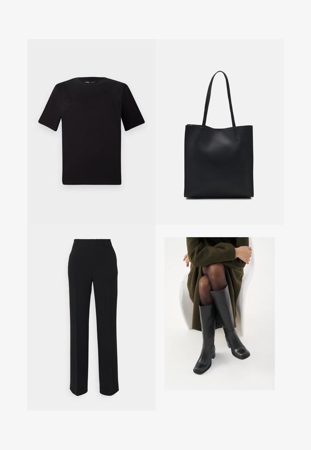 Fekete, rövid ujjú póló, kerek nyakkal, puha pamutból készült. Egyszerű dizájn, nincs látható logó vagy minta.; Fekete, egyenes szárú nadrág sima felülettel. Jellemzői a derékpánt és a látható minták vagy díszítések hiánya. Klasszikus és szabott kialakítás.; Térdfelett érő fekete bőr csizmák négyzet alakú orral és tömbtalppal, olajzöld kabátban ülő modellel bemutatva. Simaság, minimalista részletezés.; Fekete bőrtáska sima felszínnel, téglalap alakú, két hosszú füllel. Nincs látható fémkiegészítő vagy díszítés.