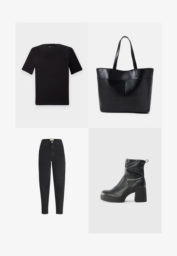 T-shirt preta de mangas curtas com decote redondo, feita de tecido de algodão suave. Design simples, sem logótipos ou padrões visíveis.; Jeans pretos de cintura alta feitos de denim, com fecho de botão, cinco bolsos e detalhes de costura sutis. Corte slim com pernas afuniladas.; Botas de tornozelo pretas feitas de couro liso, com fecho lateral, salto grosso texturizado e design de bico arredondado.; Bolsa tote preta em couro com duas alças longas, textura suave e forma estruturada. Apresenta um bolso frontal para armazenamento adicional.