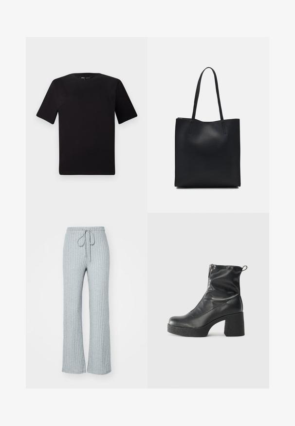 T-shirt preta de mangas curtas com decote redondo, feita de tecido de algodão suave. Design simples, sem logótipos ou padrões visíveis.; Calças de algodão caneladas de cor cinza claro com cintura elástica ajustável, pernas largas e um toque suave. O design apresenta riscas verticais por toda a peça.; Botas de tornozelo pretas feitas de couro liso, com fecho lateral, salto grosso texturizado e design de bico arredondado.; Bolsa tote preta em couro com textura lisa, forma retangular e duas alças longas. Sem hardware ou enfeites visíveis.