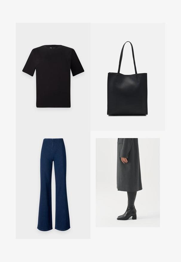 Crna majica kratkih rukava s okruglim izrezom, izrađena od mekane pamučne tkanine. Jednostavan dizajn, bez vidljivih logotipa ili uzoraka.; Tamno plave široke traperice s elastičnim pojasom. Odlikuju se glatkom teksturom i širokim nogavicama koje se protežu do ruba.; Sivi, krojeni kaput ravnog kroja; uparen s crnim kožnim čizmama do koljena koje imaju četvrtasti vrh i debeli potplat.; Crna kožna torba za nošenje s glatkom teksturom, pravokutnim oblikom i dvije duge ručke. Nema vidljivih metalnih dijelova ili ukrasa.