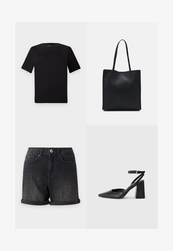Juodas trumpas rankovės marškinėlis su apvaliu iškirpimu, pagamintas iš minkštos medvilnės medžiagos. Paprastas dizainas, be matomų logotipų ar raštų.; Juodos džinsinio audinio šortai su suktomis briaunomis, penkių kišenių dizainu ir priekiniais mygtukais. Audinys turi lengvai dėvėtą išvaizdą.; Juoda odinė smailiagalė aukštakulnio bateliai su kulkšnies dirželiu ir storu kulnu. Lygus paviršius, elegantiškas dizainas ir minimalistiška estetinė. ; Juodas odinis tote krepšys su lygia tekstūra, stačiakampio formos ir dviem ilgais rankenomis. Matomų metalinių detalių ar puošybos nėra.