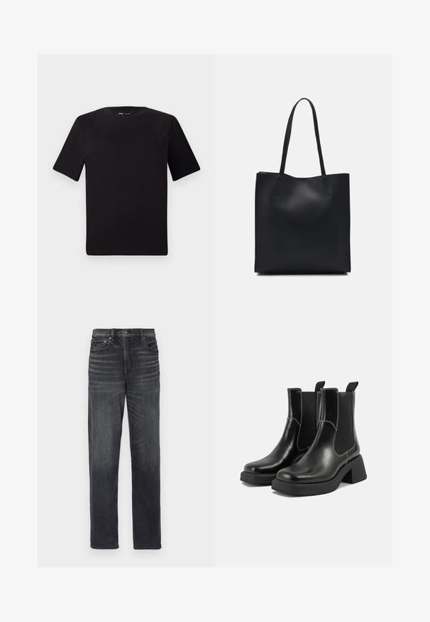 T-shirt preta de mangas curtas com decote redondo, feita de tecido de algodão suave. Design simples, sem logótipos ou padrões visíveis.; Calças de ganga pretas com um design de perna reta, apresentando bolsos frontais, fecho com botão e desvios subtis.; Botas Chelsea em couro preto com um salto grosso, painéis laterais elásticos e costura branca em contraste. Acabamento texturizado.; Bolsa tote preta em couro com textura lisa, forma retangular e duas alças longas. Sem hardware ou enfeites visíveis.