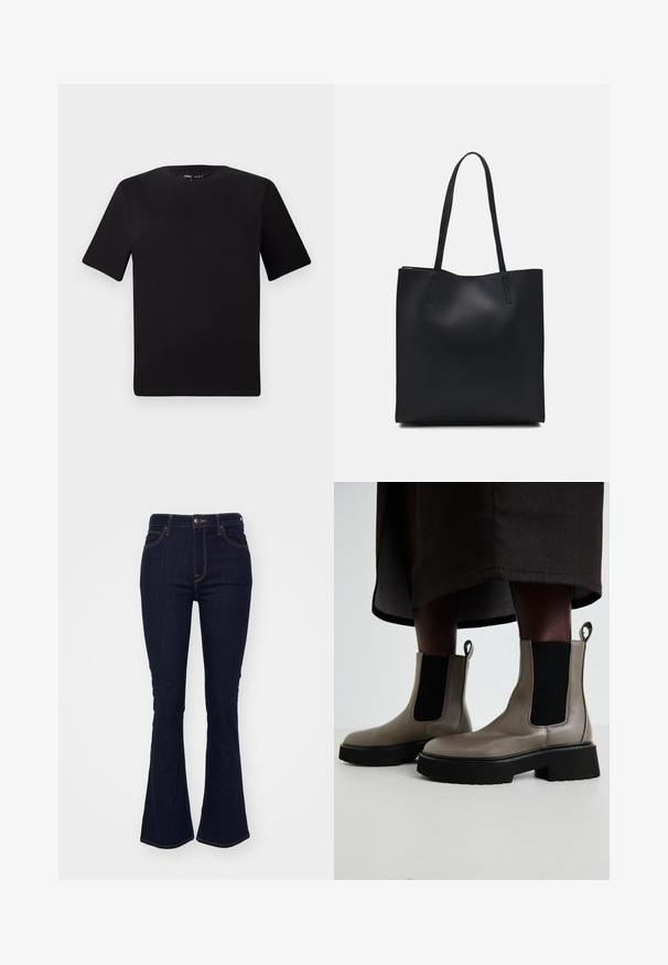 Svart t-skjorte med korte ermer og rund hals, laget av mykt bomullsstoff. Enkelt design, ingen synlige logoer eller mønstre.; Mørkeblå, utsvingte jeans laget av denim, med høy midje, fem lommers design og kontrasterende oransje sømmer langs sømmene.; Grå ankelstøvler laget av teksturert lær med elastiske sidepaneler og en kraftig svart såle. Har trekksløyfer for enkel påkledning.; Svart lær tote bag med glatt tekstur, rektangulær form og to lange håndtak. Ingen synlige deler eller dekorasjoner.