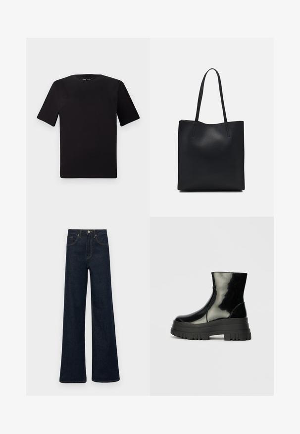 Svart kortärmad t-shirt med rund halsringning, tillverkad i mjukt bomullstyg. Enkelt mönster, utan synliga logotyper eller mönster.; Mörkblå vida denimjeans med framfickor, bälteshängare och knappstängning.; Svart glansig ankelsko med tjock sål och rund tå, sedd från sidan på en enfärgad ljusgrå bakgrund.; Svart lädertoffelväska med slät textur, rektangulär form och två långa handtag. Ingen synlig hårdvara eller dekorationer.