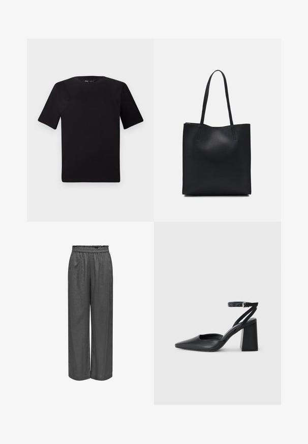 Juodas trumpas rankovės marškinėlis su apvaliu iškirpimu, pagamintas iš minkštos medvilnės medžiagos. Paprastas dizainas, be matomų logotipų ar raštų.; Pilkos, plačios kojinės kelnės, pagamintos iš minkštos medžiagos, su elastinga juosmeniu. Su laisvu siluetu ir lygiu tekstūru.; Juoda odinė smailiagalė aukštakulnio bateliai su kulkšnies dirželiu ir storu kulnu. Lygus paviršius, elegantiškas dizainas ir minimalistiška estetinė. ; Juodas odinis tote krepšys su lygia tekstūra, stačiakampio formos ir dviem ilgais rankenomis. Matomų metalinių detalių ar puošybos nėra.