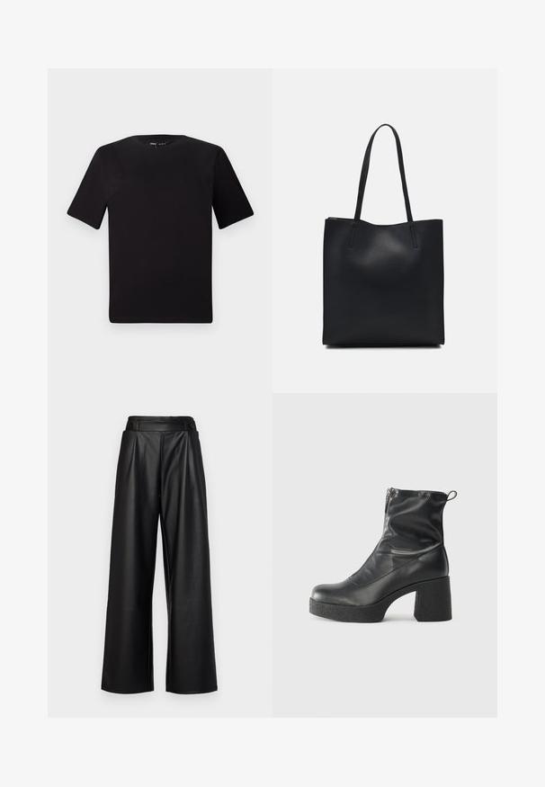 Svart kortärmad t-shirt med rund halsringning, tillverkad i mjukt bomullstyg. Enkelt mönster, utan synliga logotyper eller mönster.; Svarta vida läderbyxor med hög midja, veck och två runda knappar framtill för stängning.; Svarta ankelstövlar i slitstark läder, med sidodragkedja, kraftig strukturerad klack och rundad tådesign.; Svart lädertoffelväska med slät textur, rektangulär form och två långa handtag. Ingen synlig hårdvara eller dekorationer.