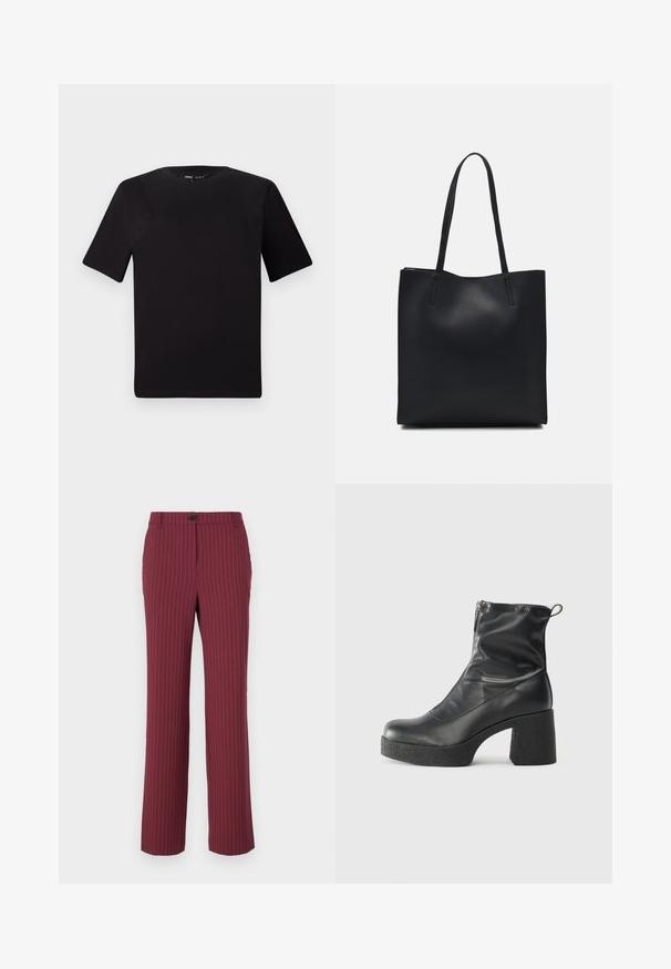 Crna majica kratkih rukava s okruglim izrezom, izrađena od mekane pamučne tkanine. Jednostavan dizajn, bez vidljivih logotipa ili uzoraka.; Bordo hlače s prugastim uzorkom, ravnog kroja, s kopčanjem na gumbe i petljama za pojas. Glatka tkanina s vertikalnim linijama za dodatne detalje.; Crne gležnjače od glatke kože, s bočnim zatvaračem, debelim teksturiranim potplatom i dizajnom s zaobljenim prstima.; Crna kožna torba za nošenje s glatkom teksturom, pravokutnim oblikom i dvije duge ručke. Nema vidljivih metalnih dijelova ili ukrasa.