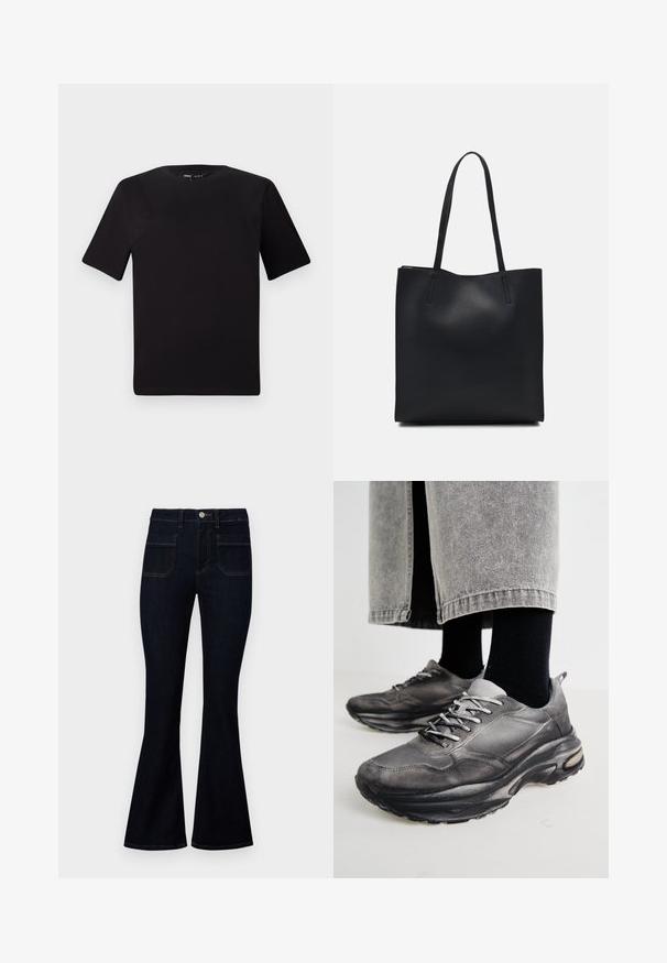 Black short-sleeve t-shirt with a round neckline, crafted from soft cotton fabric. Simple design, no visible logos or patterns.; Dark blue flared jeans with a high waistband, made of denim, featuring two back pockets and contrast stitching along the seams.; Black and gray athletic shoes feature a mesh upper, thick soles, and laces. They have a rounded toe and visible cushioning detail.; Black leather tote bag with smooth texture, rectangular shape, and two long handles. No visible hardware or embellishments.