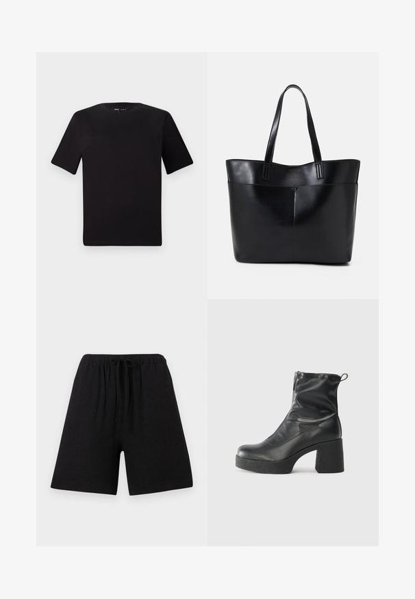 Black short-sleeve t-shirt with a round neckline, crafted from soft cotton fabric. Simple design, no visible logos or patterns.; Black linen shorts with an elastic waistband and drawstring. Straight cut, knee-length, textured fabric, no visible patterns or accents.; Black ankle boots made of smooth leather, featuring a side zipper, chunky textured heel, and rounded toe design.; Black leather tote bag with two long handles, a smooth texture, and a structured shape. Features a front pocket for additional storage.