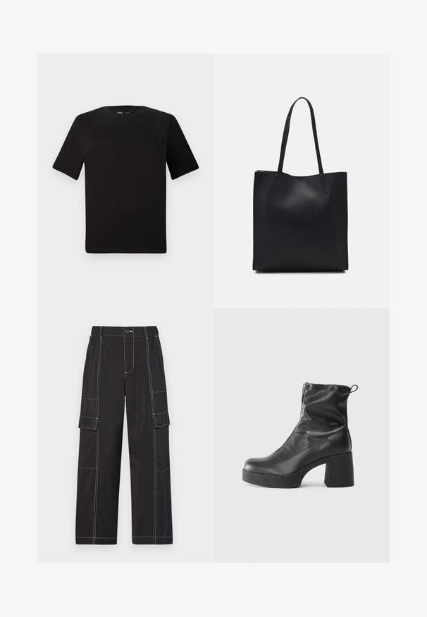 T-shirt noir à manches courtes avec un col rond, fabriqué en coton doux. Design simple, sans logos ni motifs visibles.; GAP DOUBLE CARGO PULL ON - Pantalon classique - black; Bottes noires à la cheville en cuir lisse, dotées d'une fermeture éclair sur le côté, d'un talon épais texturé et d'une conception à bout rond.; Sac fourre-tout en cuir noir avec une texture lisse, de forme rectangulaire et deux longues poignées. Pas de matériel ou d'ornementations visibles.
