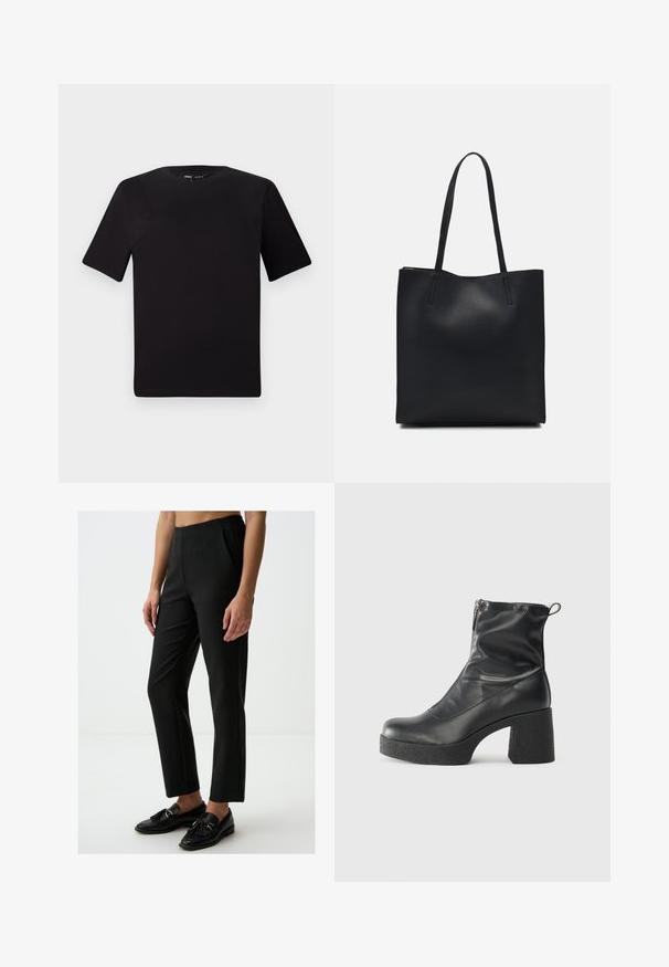 Schwarzes T-Shirt mit kurzen Ärmeln und Rundhalsausschnitt, aus weichem Baumwollmaterial gefertigt. Schlichtes Design, keine sichtbaren Logos oder Muster.; Schwarze Nadelstreifenhose mit taillierter Passform, mit flachem Vorderteil, seitlichen Taschen und glatter Textur. Getragen mit schwarzen Mokassins.; Schwarze Stiefeletten aus glattem Leder mit seitlichem Reißverschluss, klobigem strukturiertem Absatz und runder Zehenform.; Schwarze Laptoptasche aus Leder mit glatter Textur, rechteckiger Form und zwei langen Griffen. Keine sichtbaren Beschläge oder Verzierungen.