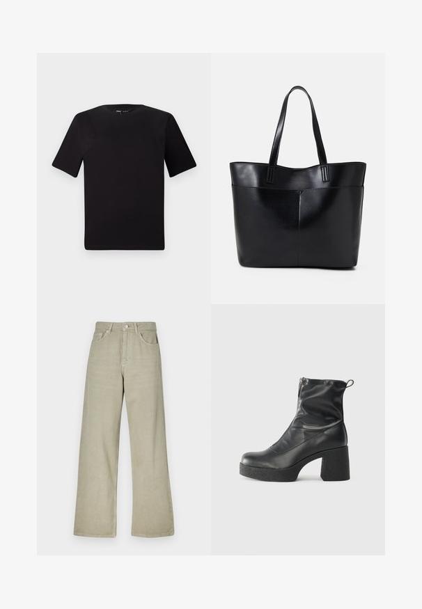 Čierne tričko s krátkym rukávom a okrúhlym výstrihom, vyrobené z mäkkej bavlny. Jednoduchý dizajn, bez viditeľných log alebo vzorov.; Khaki nohavice s širokými nohavicami vyrobené z bavlnenej zmesi. Majú zapínanie na gombík, päť vreciek a čistý, textúrovaný povrch látky.; Čierne členkové topánky z hladkej kože, so bočným zipsom, robustnou textúrovanou pätnou časťou a zaobleným dizajnom špičky.; Čierna kožená tote taška s dvoma dlhými rúčkami, hladkým povrchom a štruktúrovaným tvarom. Obsahuje prednú kapsu pre dodatočné uskladnenie.