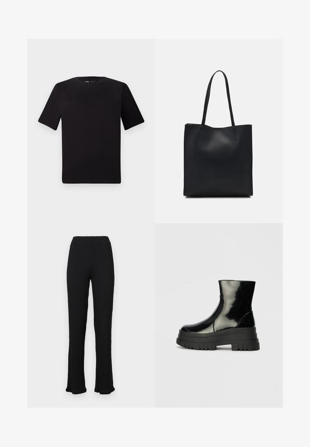 T-shirt noir à manches courtes avec un col rond, fabriqué en coton doux. Design simple, sans logos ni motifs visibles.; Pantalons noirs côtelés avec un ourlet évasé, fabriqués à partir d'un tissu texturé. La taille élastiquée assure le confort. Idéals pour un port décontracté.; Bottines noires brillantes avec semelle lugg épaisse et bout rond, vue de côté sur un fond gris clair uni.; Sac fourre-tout en cuir noir avec une texture lisse, de forme rectangulaire et deux longues poignées. Pas de matériel ou d'ornementations visibles.
