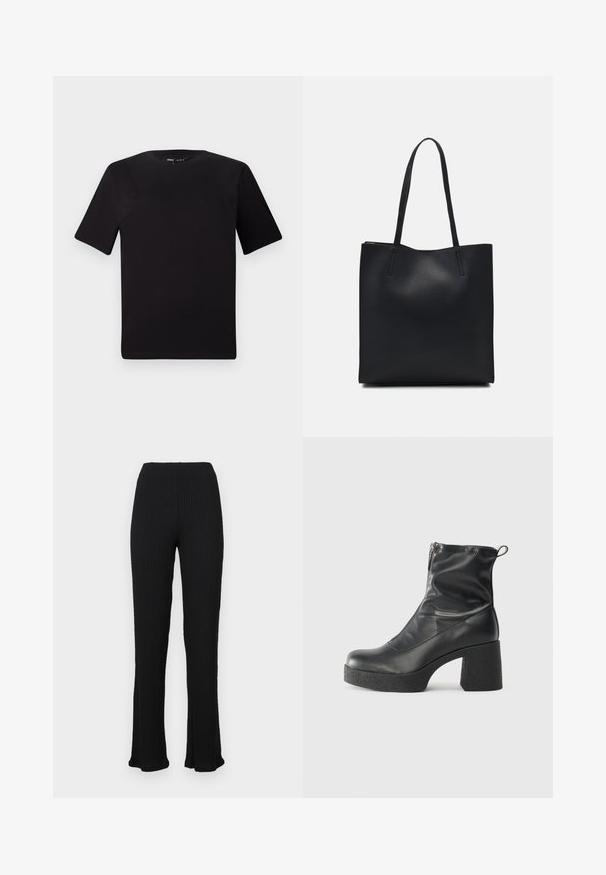 Črna majica s kratkimi rokavi in okroglim izrezom, izdelana iz mehkega bombažnega materiala. Preprost dizajn, brez vidnih logotipov ali vzorcev.; Črne rebraste hlače s razširjenim robom, izdelane iz strukturanega blaga. Pas je elastičen za udobje. Idealne za vsakodnevno nošenje.; Črne gležnjarje iz gladke kože z božnim zadrgo, masivnim teksturiranim peto in zaobljeno obliko prstov.; Črna usnjena torba s svilnato teksturo, pravokotne oblike in dvema dolgima ročajema. Brez vidnih metalnih delov ali okrasnih elementov.