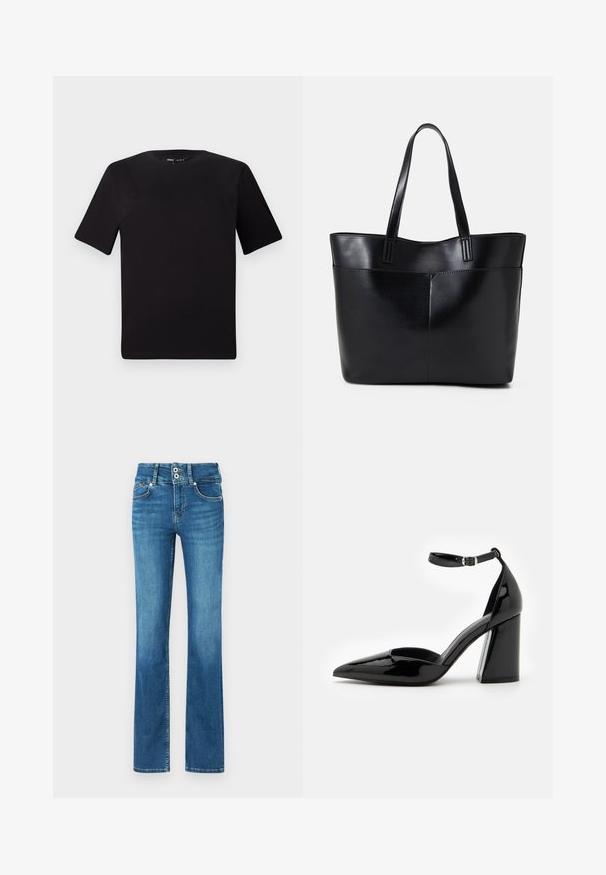 Crna majica kratkih rukava s okruglim izrezom, izrađena od mekane pamučne tkanine. Jednostavan dizajn, bez vidljivih logotipa ili uzoraka.; Plave traperice s raširenim nogavicama i srednjim strukom, s dva prednja džepa, dva stražnja džepa i kontrastnim šavovima.; Crne lakirane cipele s visokom potpeticom, šiljastim prstima, remenom oko gležnja i širokom blok potpeticom za stabilnost, s glatkom sjajnom teksturom.; Crna kožna torba s dugim ručkama, glatkom teksturom i strukturiranim oblikom. Ima prednju džep za dodatno pohranu.