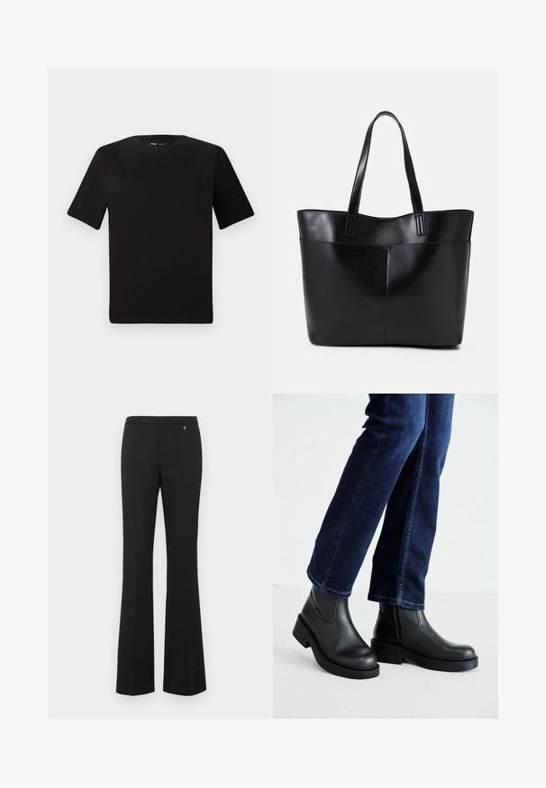 Tricou scurt negru cu mânecă scurtă și guler rotund, realizat dintr-un material de bumbac moale. Design simplu, fără logo-uri sau modele vizibile.; Pantaloni negri evazați dintr-un material neted. Talie medie cu bucle pentru curea, față plată și un mic accent auriu lângă talie.; Bocanci negri din piele cu tălpi groase și panouri elastice pe laterale, asortați cu blugi de culoare bleumarin. Solul este de culoare deschisă.; Geantă oversized din piele neagră, cu două mânere lungi, de textură netedă și formă structurată. Are un buzunar frontal pentru stocare suplimentară.