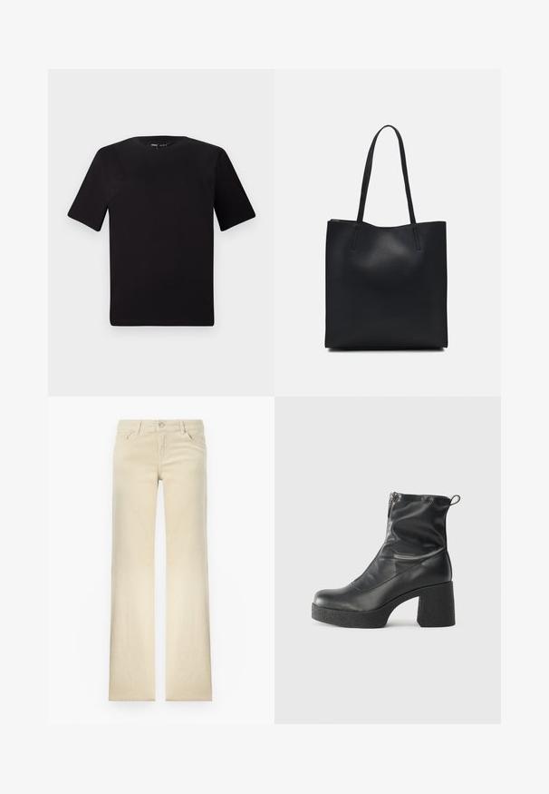 Must olema lühikeste varrukatega must t-särk ümmarguse kaelusega, valmistatud pehmest puuvillast kangast. Lihtne disain, ilma nähtavate logode või mustriteta.; Beige sirged püksid, mis on valmistatud puuvillast, esipoolne nup closures, viis taskut ja minimaalne õmblemise detail.; Mustad mustad ansapüksid, mis on valmistatud siledast nahast, külje zipperiga, paksu tekstuuriga kontsaga ja ümmarguse nina disainiga.; Mustast nahast kott sujuva tekstuuriga, ristkülikukujuline ja kahe pika sangaga. Pole nähtavat riistvara ega kaunistusi.