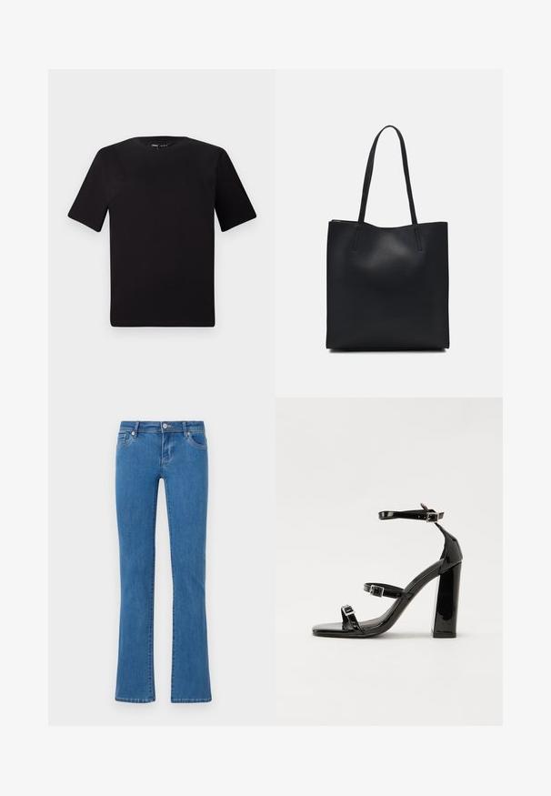 Schwarzes T-Shirt mit kurzen Ärmeln und Rundhalsausschnitt, aus weichem Baumwollmaterial gefertigt. Schlichtes Design, keine sichtbaren Logos oder Muster.; Schwarz ausgefranste Jeans aus blauem Denim mit klassischem Fünf-Taschen-Design. Mittel-schwerer Stoff mit glatter Textur und Nahtdetails entlang der Nähte.; Schwarze patentierte Sandalen mit Absatz, quadratischer Spitze, Knöchelriemen und silbernen Schnallen. Mit einem stabilen Blockabsatz für mehr Stabilität.; Schwarze Laptoptasche aus Leder mit glatter Textur, rechteckiger Form und zwei langen Griffen. Keine sichtbaren Beschläge oder Verzierungen.