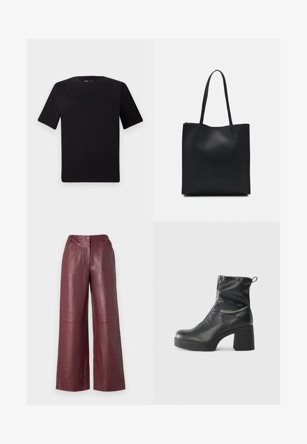 Svart t-skjorte med korte ermer og rund hals, laget av mykt bomullsstoff. Enkelt design, ingen synlige logoer eller mønstre.; Bordeaux skinnbukser med bred benvidde og glatt tekstur, elastisk midjebånd og to frontlommer. Rett kutt-design med minimale sømdetaljer.; Svarte ankelstøvler laget av glatt lær, med glidelås på siden, chunky strukturert hæl, og rund tå-design.; Svart lær tote bag med glatt tekstur, rektangulær form og to lange håndtak. Ingen synlige deler eller dekorasjoner.