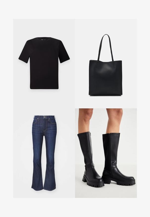 Czarna koszulka z krótkim rękawem o okrągłym dekolcie, wykonana z miękkiej bawełny. Prosty design, bez widocznych logo ani wzorów.; Jeansy w ciemnym dżinsie z rozszerzanym krojem nogawki, z zapięciem na guzik i zamek błyskawiczny z przodu oraz pięcioma kieszeniami w stylu z kontrastowym przeszyciem.; Czarne wysokie botki wykonane z gładkiej sztucznej skóry, z grubą podeszwą, zamkiem błyskawicznym z boku i zaokrąglonym noskiem.; Czarna skórzana torba tote o gładkiej fakturze, prostokątnym kształcie i dwóch długich uchwytach. Brak widocznych elementów metalowych i ozdób.