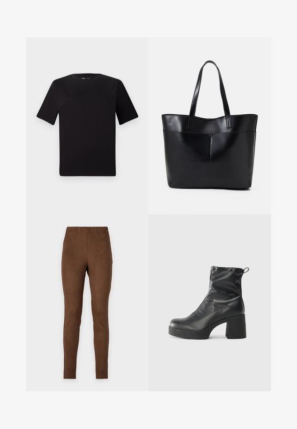 Svart t-skjorte med korte ermer og rund hals, laget av mykt bomullsstoff. Enkelt design, ingen synlige logoer eller mønstre.; Brune leggings laget av et mykt, semsket materiale; tettsittende design, glatt tekstur og elastisk livlinje for komfort.; Svarte ankelstøvler laget av glatt lær, med glidelås på siden, chunky strukturert hæl, og rund tå-design.; Svart lær toteveske med to lange håndtak, en glatt tekstur og en strukturert form. Har en frontlomme for ekstra oppbevaring.