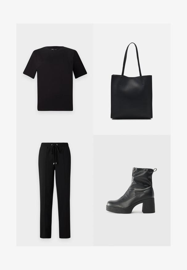 Schwarzes T-Shirt mit kurzen Ärmeln und Rundhalsausschnitt, aus weichem Baumwollmaterial gefertigt. Schlichtes Design, keine sichtbaren Logos oder Muster.; Schwarze Hosen mit einem elastischen Bund, Kordelzug und goldenen Hardware-Akzenten. Der Stoff hat eine glatte Textur und ein gerades Bein-Design.; Schwarze Stiefeletten aus glattem Leder mit seitlichem Reißverschluss, klobigem strukturiertem Absatz und runder Zehenform.; Schwarze Laptoptasche aus Leder mit glatter Textur, rechteckiger Form und zwei langen Griffen. Keine sichtbaren Beschläge oder Verzierungen.