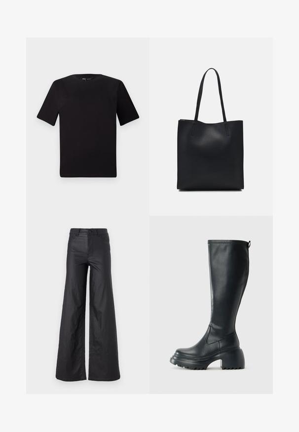 Crna majica kratkih rukava s okruglim izrezom, izrađena od mekane pamučne tkanine. Jednostavan dizajn, bez vidljivih logotipa ili uzoraka.; Crne široke hlače od umjetne kože. Imaju visoki struk, petlje za remen, dva prednja džepa i šivanu obradu.; Visoke crne kožne čizme s debelim platformskim đonom i blok petom, s patentom za povlačenje i teksturiranim uzorkom na potplatu.; Crna kožna torba za nošenje s glatkom teksturom, pravokutnim oblikom i dvije duge ručke. Nema vidljivih metalnih dijelova ili ukrasa.