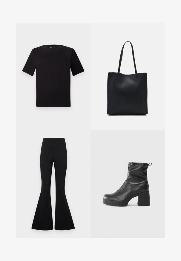 Černé tričko s krátkým rukávem a kulatým výstřihem, vyrobené z měkké bavlněné látky. Jednoduchý design, žádné viditelné logo nebo vzory.; Černé rozšířené kalhoty vyrobené z elastického materiálu s hladkou texturou, s vysokým pasem a širokými nohavicemi ve stylu zvonu.; Černé kotníkové boty vyrobené z hladké kůže, s bočním zipem, robustním strukturovaným podpatkem a kulatou špičkou.; Černá kožená taška přes rameno s hladkým povrchem, obdélníkovým tvarem a dvěma dlouhými uchy. Žádné viditelné kování ani ozdoby.