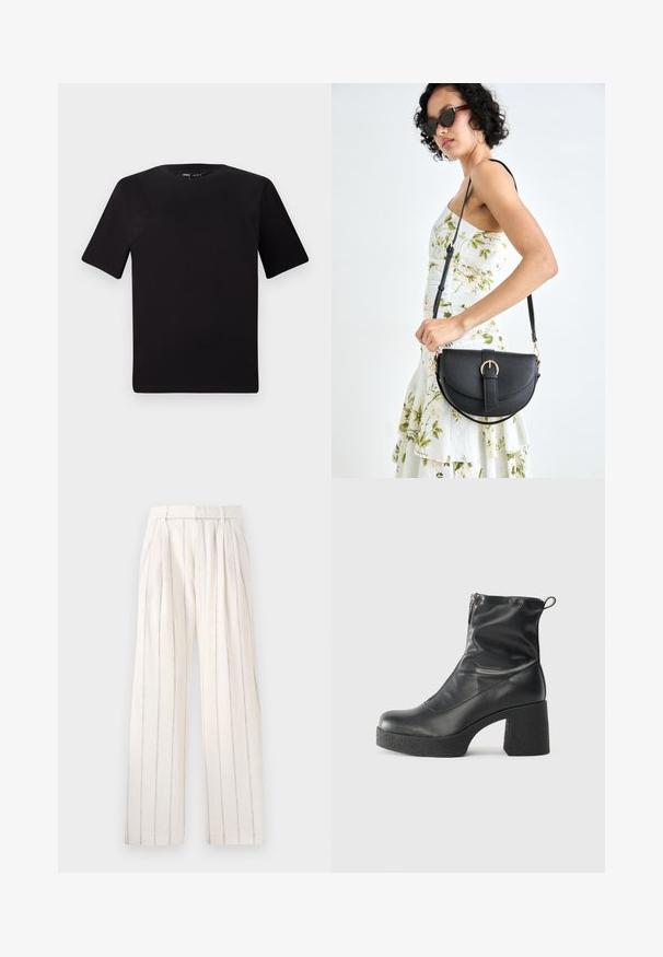 Czarna koszulka z krótkim rękawem o okrągłym dekolcie, wykonana z miękkiej bawełny. Prosty design, bez widocznych logo ani wzorów.; Spodnie z szerokimi nogawkami w odcieniu białym z wąskimi, pionowymi szarymi paskami. Posiadają dopasowaną talię i luźny krój w nogawkach.; Czarne botki za kostkę wykonane z gładkiej skóry, wyposażone w boczny zamek błyskawiczny, masywny teksturowany obcas oraz zaokrąglony czubek.; Czarna skórzana torebka o zakrzywionym kształcie, z odpinanym paskiem i złotymi akcentami. Torebka posiada klapę z zapięciem w kształcie klamry.