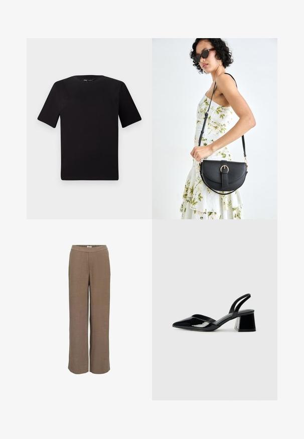 T-shirt noir à manches courtes avec un col rond, fabriqué en coton doux. Design simple, sans logos ni motifs visibles.; Pantalons à jambes larges dans une teinte marron neutre, avec une texture lisse et une taille élastique pour le confort et la facilité de port.; Escarpins en cuir verni noir avec bout pointu et talon bloc géométrique. Présente un design élégant et minimaliste ainsi qu'une texture lisse.; Sac à main en cuir noir avec une forme courbée, bandoulière amovible et des accessoires en or. Le sac est doté d'un rabat avec un détail de boucle.
