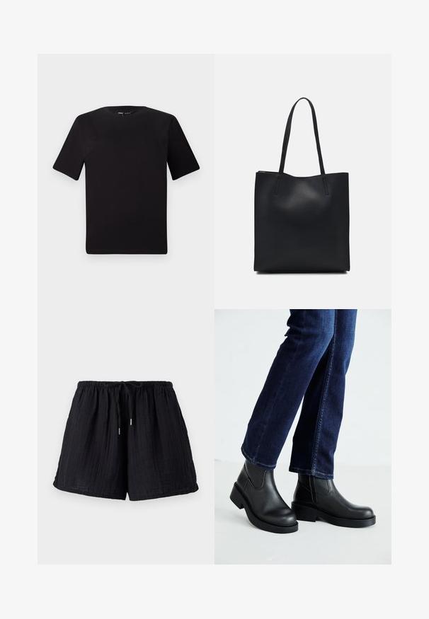 T-shirt nera a maniche corte con scollatura rotonda, realizzata in morbido cotone. Design semplice, senza loghi o motivi visibili.; Shorts neri in cotone con una finitura testurizzata e stropicciata. Presentano una vita elastica e un cordoncino regolabile per comfort e vestibilità.; Stivali neri in pelle alla caviglia con suola spessa e pannelli elastici laterali, abbinati a jeans blu scuro. Il terreno è di colore chiaro.; Borsa tote in pelle nera con texture liscia, forma rettangolare e due manici lunghi. Nessun hardware o decorazione visibile.