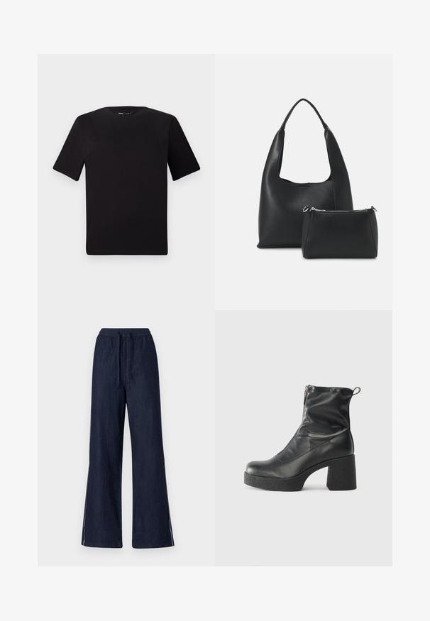T-shirt preta de mangas curtas com decote redondo, feita de tecido de algodão suave. Design simples, sem logótipos ou padrões visíveis.; Calças de perna larga em denim escuro, com uma cintura elástica e cordão, apresentando riscas brancas em cada perna. Textura suave.; Botas de tornozelo pretas feitas de couro liso, com fecho lateral, salto grosso texturizado e design de bico arredondado.; Even&Odd Mala de mão - black