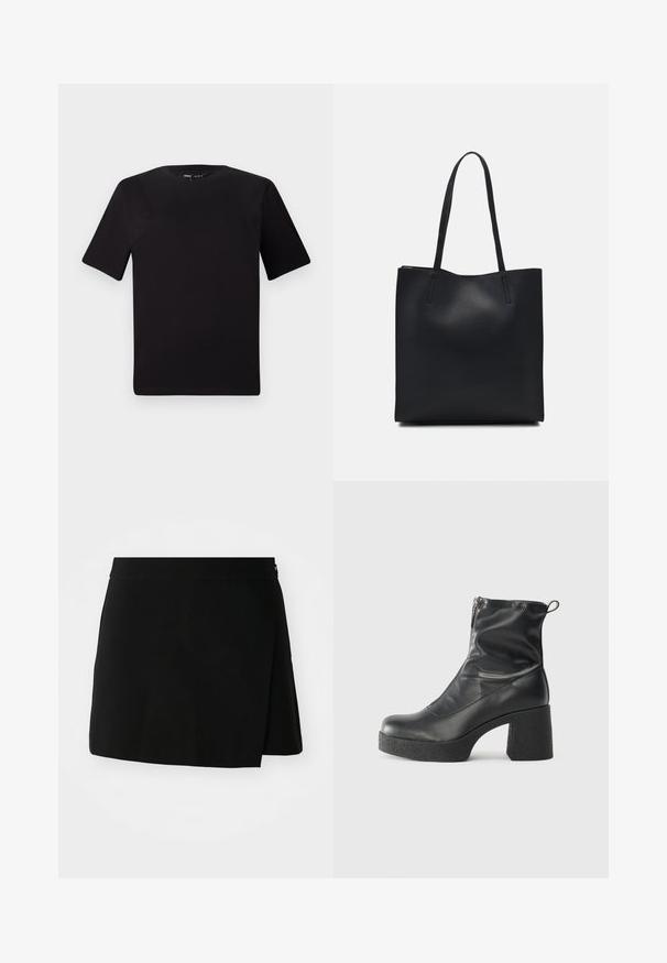 Čierne tričko s krátkym rukávom a okrúhlym výstrihom, vyrobené z mäkkej bavlny. Jednoduchý dizajn, bez viditeľných log alebo vzorov.; Čierna áčková sukňa s prekrývajúcim dizajnom, ktorá má hladkú textúru a priamy lem. Bez viditeľného hardvéru alebo akcentov.; Čierne členkové topánky z hladkej kože, so bočným zipsom, robustnou textúrovanou pätnou časťou a zaobleným dizajnom špičky.; Čierna kožená taška na rameno s hladkým povrchom, obdĺžnikovým tvarom a dvoma dlhými uchami. Bez viditeľného kovania alebo ozdôb.