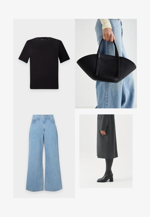 Must olema lühikeste varrukatega must t-särk ümmarguse kaelusega, valmistatud pehmest puuvillast kangast. Lihtne disain, ilma nähtavate logode või mustriteta.; Heledad helesinised sinised teksad, mis on valmistatud denimist, kõrge vöökoht, eespool taskud ning toores serv, millel on õrn pleekimine ja tekstureeritud viimistlus.; Hallhalline, kohandatud ülikond jakk sirge lõikega; kombineeritud kuni põlveni ulatuvate mustade nahast saapadega, millel on nelinurkne varvas ja paks konts.; Must mustra kott, millel on unikaalne fännikujuline disain, millel on lapikud käepidemed. Pinna tekstuur on kivikujuline ja disain on minimalistlik.