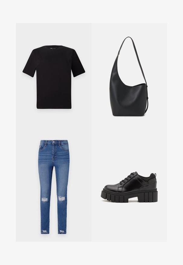 Camiseta negra de manga corta con cuello redondo, fabricada en suave algodón. Diseño simple, sin logos ni patrones visibles.; Vaqueros ajustados de color azul con un acabado descolorido, que cuentan con dos desgastes en las rodillas, cinco bolsillos, un cierre de botón y lazos para cinturón. Tejido de mezcla de algodón.; Zapatos de plataforma de cuero negro con un tacón cuadrado grueso, punta redonda y diseño tradicional de cordones. Presenta una textura suave y un detalle minimalista.; Bolso tipo hobo de cuero negro con una textura suave, forma curvada y una sola correa ajustable; presenta una amplia apertura en la parte superior.