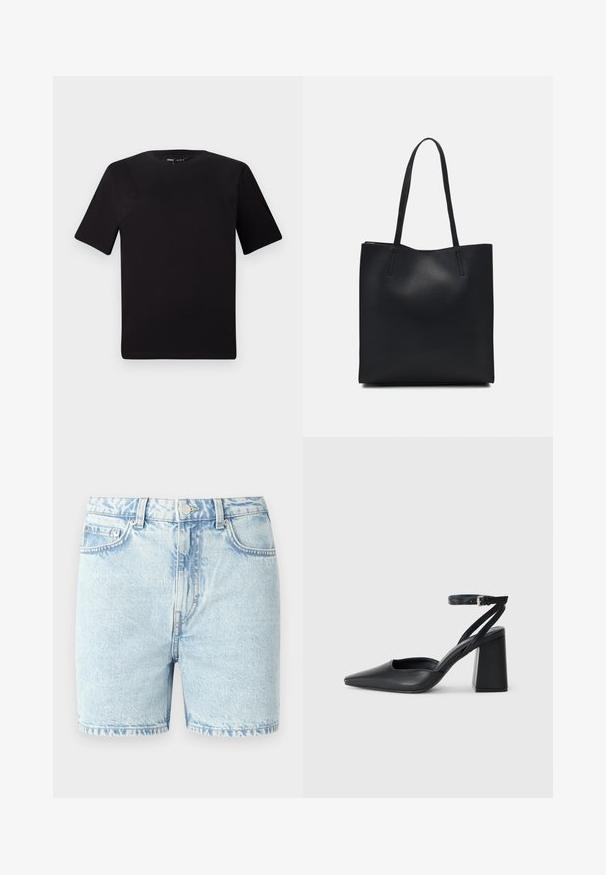 Black short-sleeve t-shirt with a round neckline, crafted from soft cotton fabric. Simple design, no visible logos or patterns.; Light blue denim shorts with a classic cut, featuring five-pocket design, stitched seams, and a button closure.; Black leather pointy-toe pump with an ankle strap and a chunky heel. Flat texture, sleek design, and minimalistic aesthetics.; Black leather tote bag with smooth texture, rectangular shape, and two long handles. No visible hardware or embellishments.