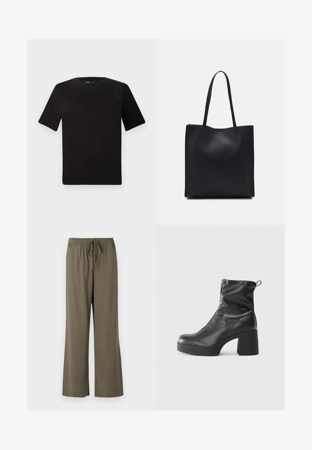 Black short-sleeve t-shirt with a round neckline, crafted from soft cotton fabric. Simple design, no visible logos or patterns.; Olive green wide-leg pants with an elastic waistband and drawstring. Made from soft, lightweight fabric with a smooth texture.; Black ankle boots made of smooth leather, featuring a side zipper, chunky textured heel, and rounded toe design.; Black leather tote bag with smooth texture, rectangular shape, and two long handles. No visible hardware or embellishments.
