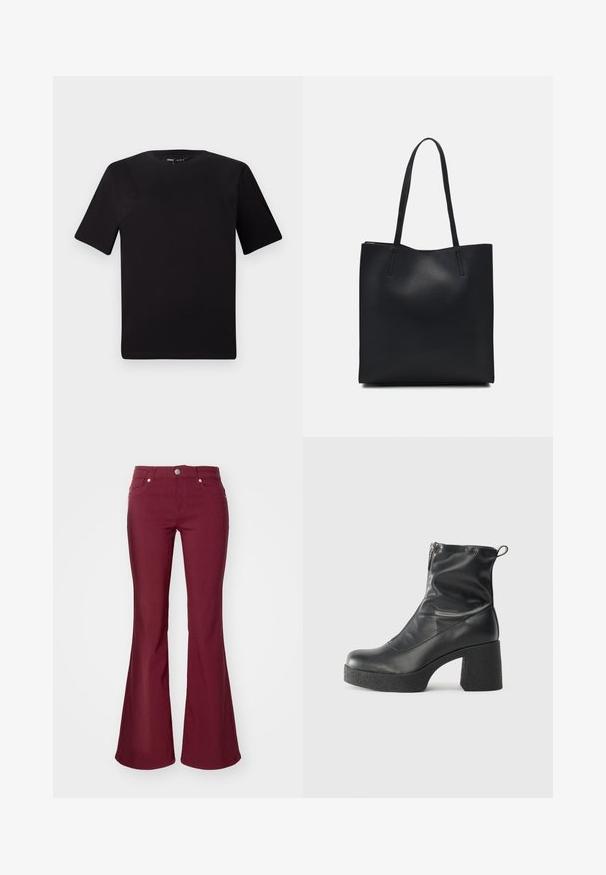Czarna koszulka z krótkim rękawem o okrągłym dekolcie, wykonana z miękkiej bawełny. Prosty design, bez widocznych logo ani wzorów.; Bordowe dżinsy dzwony o gładkiej fakturze, z pięcioma kieszeniami i guzikiem zapinanym w talii. Charakteryzują się dopasowaną talią oraz szerokimi nogawkami.; Czarne botki za kostkę wykonane z gładkiej skóry, wyposażone w boczny zamek błyskawiczny, masywny teksturowany obcas oraz zaokrąglony czubek.; Czarna skórzana torba tote o gładkiej fakturze, prostokątnym kształcie i dwóch długich uchwytach. Brak widocznych elementów metalowych i ozdób.