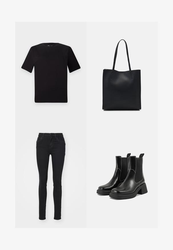 Fekete, rövid ujjú póló, kerek nyakkal, puha pamutból készült. Egyszerű dizájn, nincs látható logó vagy minta.; Fekete, slim-fit farmernadrág, gombos záródással, elülső zsebekkel és minimális varrási részletekkel. Simára textúrált klasszikus dizájn.; Fekete bőr Chelsea csizmák masszív sarkakkal, rugalmas oldalsó panelekkel és kontrasztos fehér varrással. Texturált felület.; Fekete bőrtáska sima felszínnel, téglalap alakú, két hosszú füllel. Nincs látható fémkiegészítő vagy díszítés.