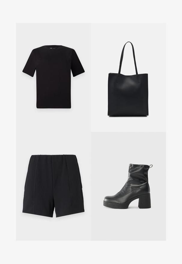 T-shirt noir à manches courtes avec un col rond, fabriqué en coton doux. Design simple, sans logos ni motifs visibles.; Shorts de sport noirs avec une taille élastique, présentant descoutures à plat, une coupe décontractée et une texture lisse. Sans poches ni embellissements.; Bottes noires à la cheville en cuir lisse, dotées d'une fermeture éclair sur le côté, d'un talon épais texturé et d'une conception à bout rond.; Sac fourre-tout en cuir noir avec une texture lisse, de forme rectangulaire et deux longues poignées. Pas de matériel ou d'ornementations visibles.